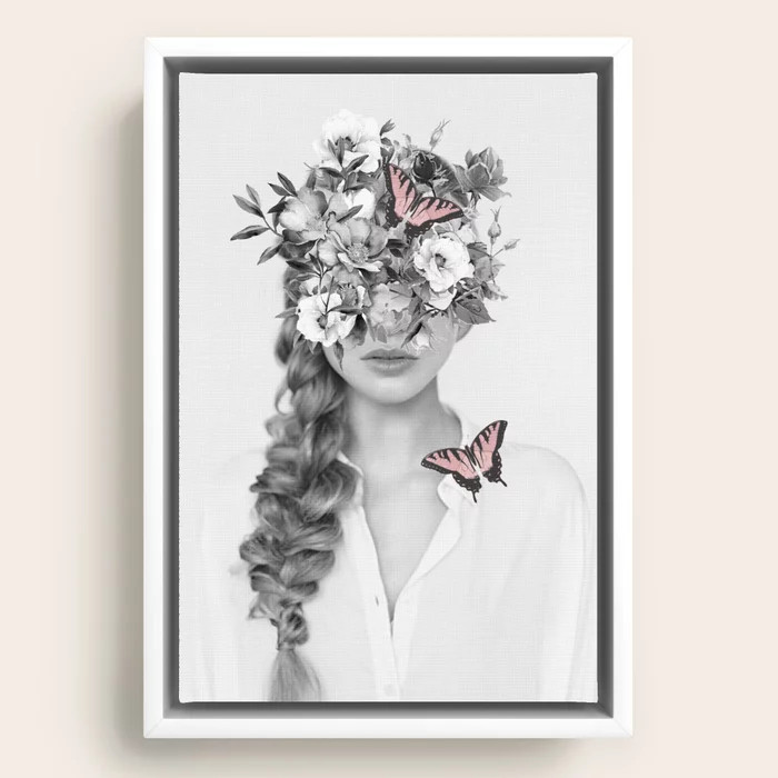 woman with flowers and butterflies 9a Framed Canvas | Society6