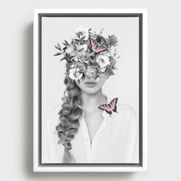 woman with flowers and butterflies 9a Framed Canvas | Society6