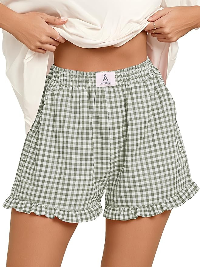 ANRABESS Boxer Shorts for Women,Gingham Plaid Elastic Waist Ruffle,Perfect for Lounge,Pajama&Slee... | Amazon (US)