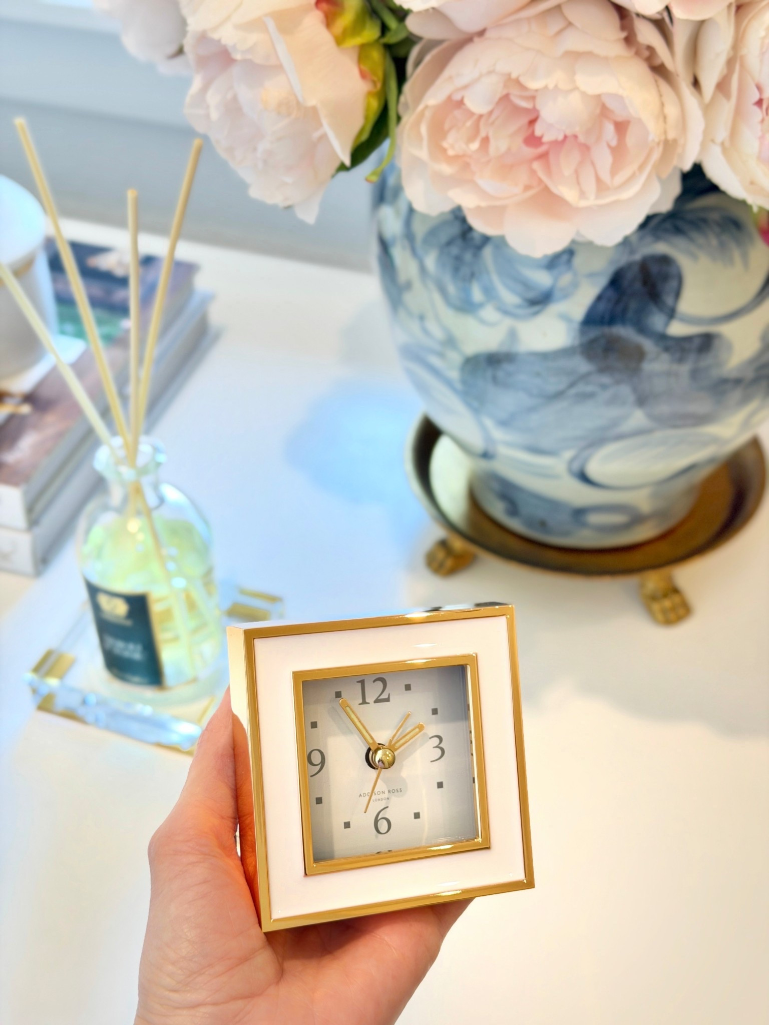 How gorgeous is this white and gold clock from @addisonroshome 😍 #gifted Beautiful, timeless, and perfect size for any space! It also comes in a round shape and multiple colors! 🩷 #addisonross #homedecor chic alarm clock 

#LTKHome #LTKSaleAlert