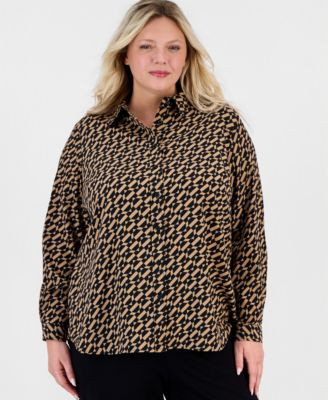 Anne Klein Essentials Plus Size Geometric-Print Long-Sleeve Shirt - Vicuna / Anne Black | Macy's