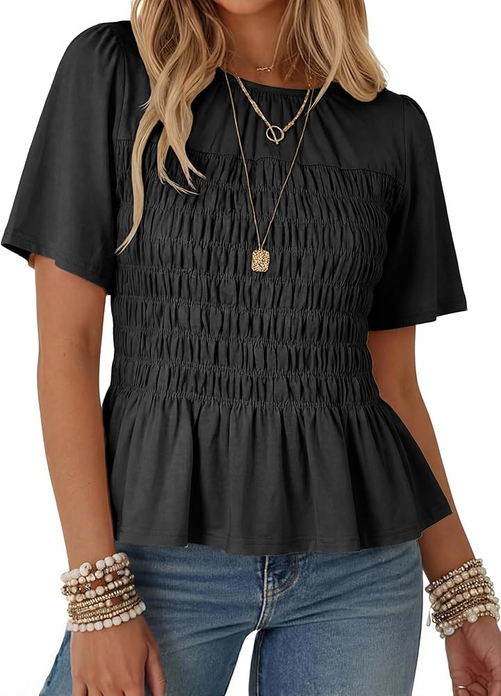 Watashi Women Summer Tops Smocked Elastic Pleated Peplum Ruffle Hem Short Sleeve Babydoll Top Cas... | Amazon (US)
