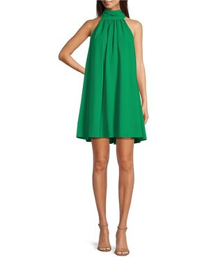 Belle by Badgley Mischka Elise Georgette Turtleneck Sleeveless Back Tie Waistless Trapeze Mini Dr... | Dillard's