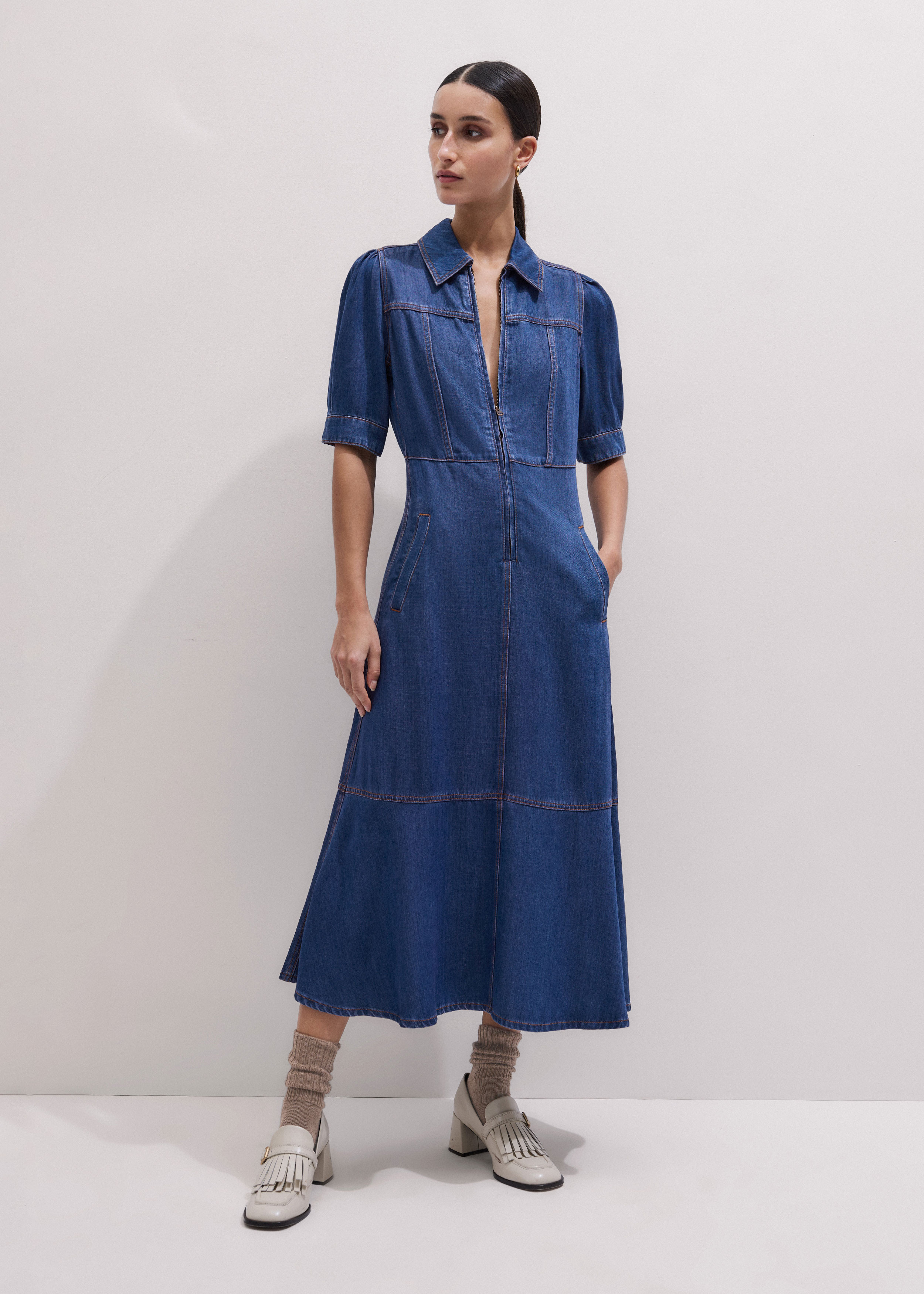 Fit + Flare Midi Dress Fluid Denim | ME+EM Global (Excluding US)