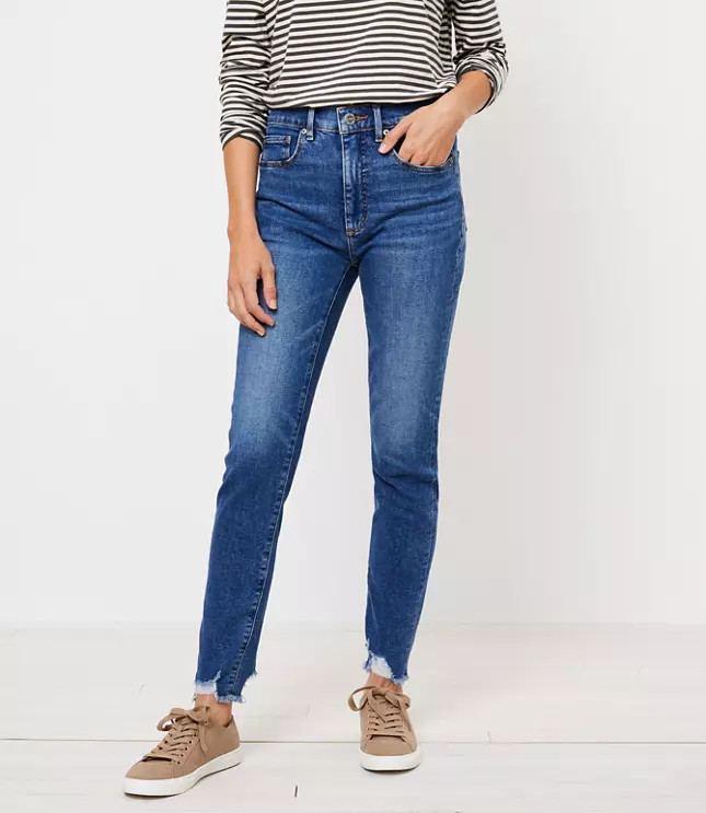 Curvy High Waist Chewed Hem Jeans in Authentic Vintage Mid Indigo Wash | LOFT