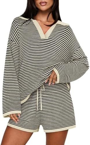 MEROKEETY Lounge Sweater Sets for Women 2 Piece Outfits Casual Long Sleeve Striped Tops Shorts Ma... | Amazon (US)