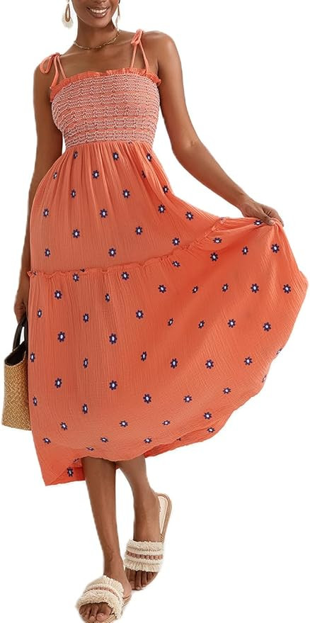 Summer Boho Maxi Dresses Sundresses for Women 2025 Floral Embroidered Tie Strap Smocked Ruffle Be... | Amazon (US)