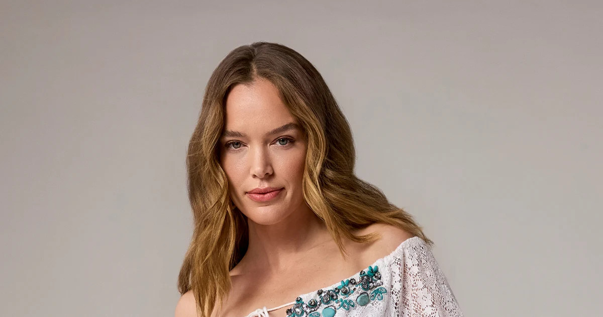 Embellished Off The Shoulder Fringe Trim Tunic - White/Turquoise | Boston Proper | Boston Proper
