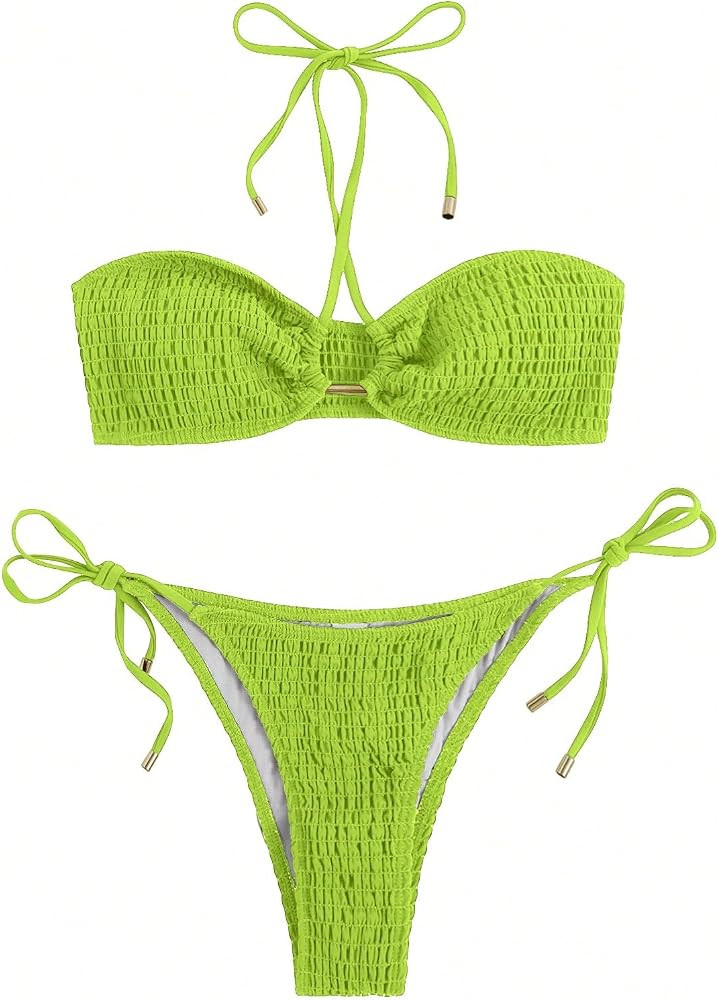SweatyRocks Women's 2 Piece Bathing Suit Ribbed Tie Side Halter Bikini Swimsuit | Amazon (US)