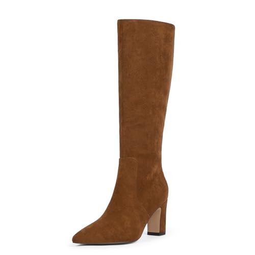 VIUGJNEX Brown Suede Boots for Women Knee High 3 Inch Chunky Heel Pointed Toe Tall Long Boots Dressy Sexy Comfortable Block Heel Boot, Size 8.5 | Amazon (US)