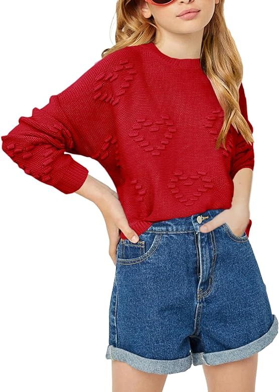 Haloumoning Girls Cute Heart Love Print Sweater Tops Oversized Crew Neck Dot Ball Knitted Valenti... | Amazon (US)