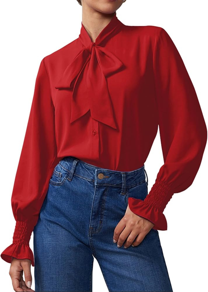 Neweek Chiffon Blouses for Women Bow Tie Neck Long Sleeve Dressy Casual Smocked Cuffed Shirts Off... | Amazon (US)