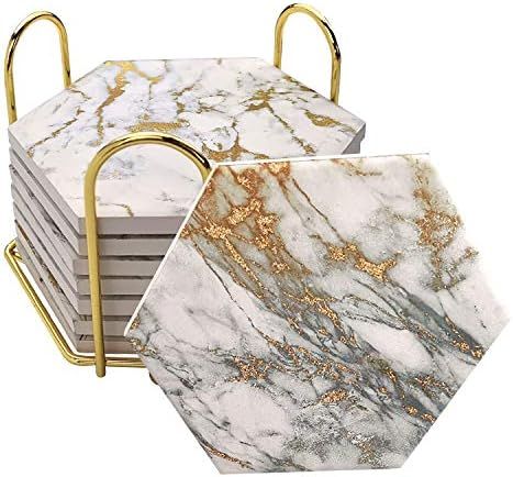 8 Pcs Drink Coasters with Metal Holder Stand, Marble Design Ceramic Coaster Set, Cork Base, for Tabl | Amazon (US)