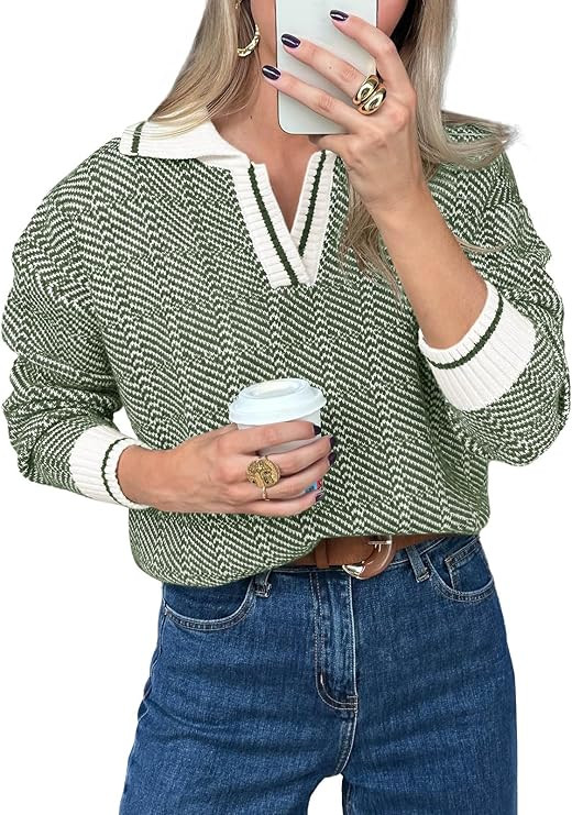 Saodimallsu Womens Fall Sweaters Tops Lapel V Neck Knit Sweater Color Block Long Sleeve Casual So... | Amazon (US)