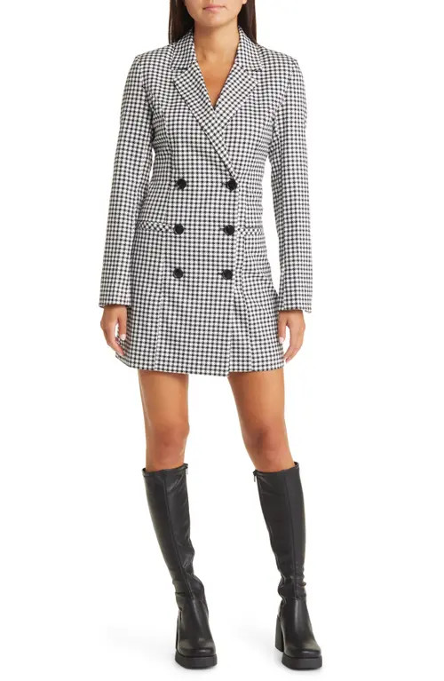Steve Madden Double Breasted Houndstooth Check Long Sleeve Blazer Dress in Black/White at Nordstrom, | Nordstrom