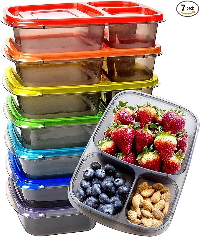 Youngever 7 Pack Bento Lunch Box, Meal Prep Containers, Reusable 3 Compartment Plastic Divided Fo... | Amazon (US)