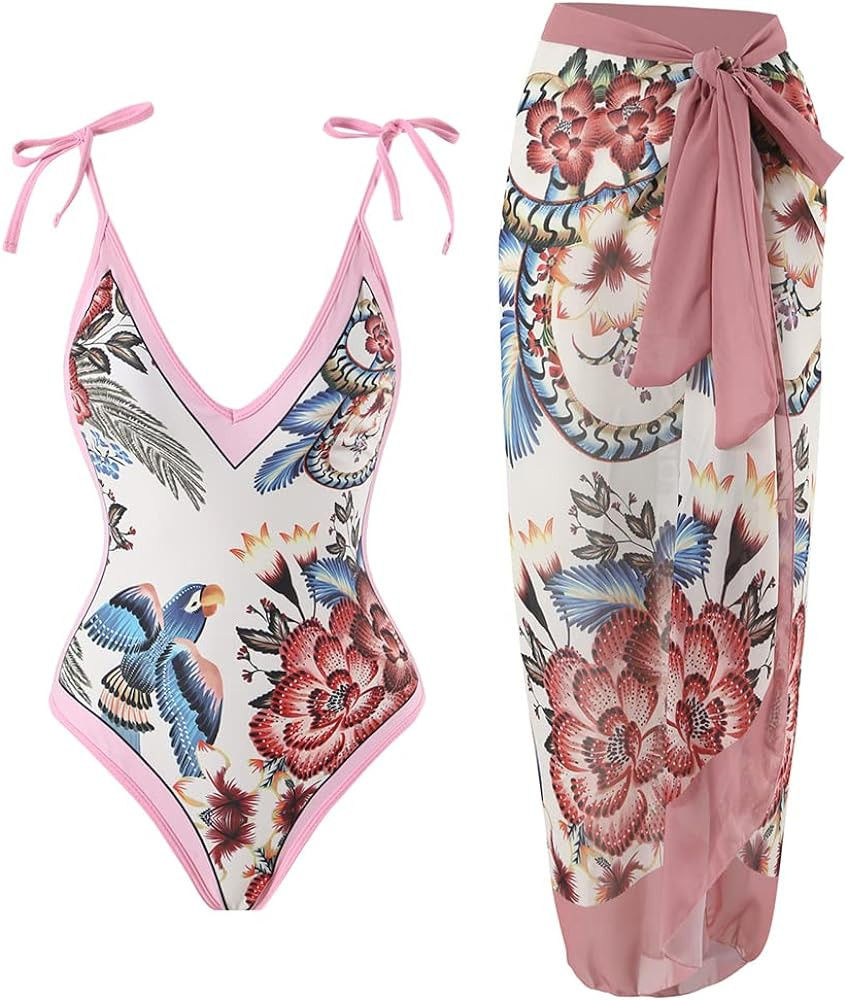 IDOPIP Women's One Piece Swimsuit with Beach Cover up Wrap Skirt Sarong Retro Floral Print Bikini... | Amazon (US)