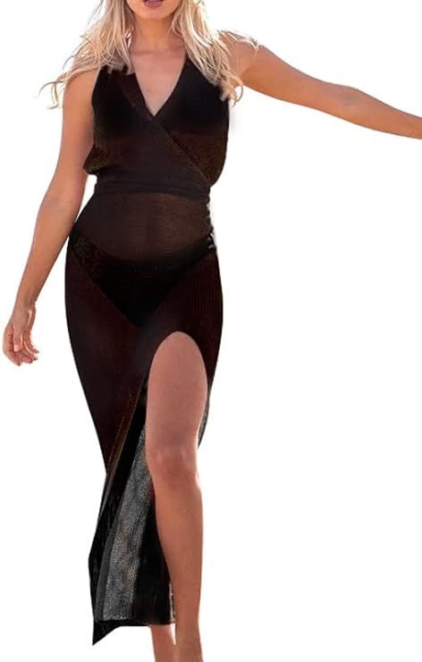 Hilor Women's Long Swimsuit Coverup Sexy Wrap V Neck Bikini Bathing Suit Cover Ups Side Split Bea... | Amazon (US)