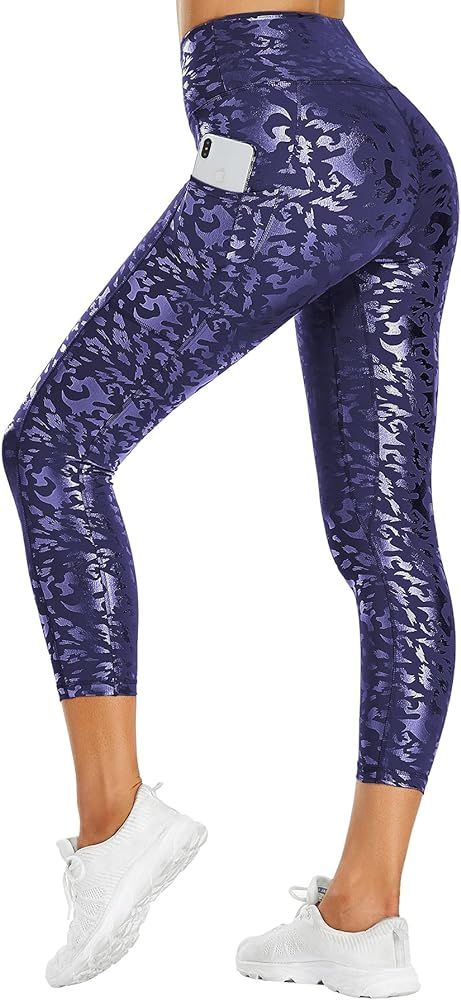OUYISHANG Women's Capri Yoga Pants with Pockets High Waisted Shine Workout Leggings Faux Leather ... | Amazon (US)