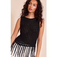 Black Crochet Boat Neck Fringe Top | PrettyLittleThing UK