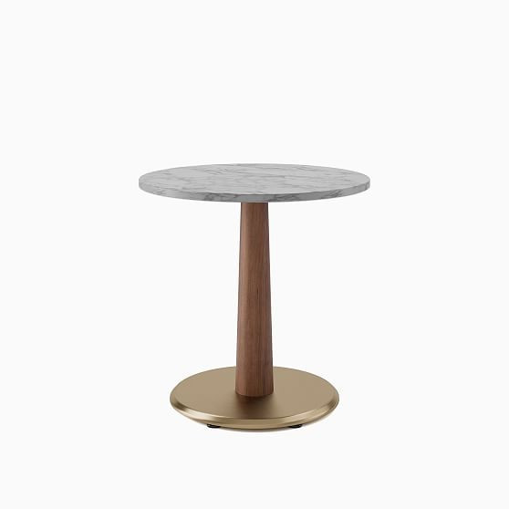 White Faux Marble Restaurant Dining Table, 30"" Round, Claire Base, Blackened Brass, Walnut on Beech | West Elm (US)