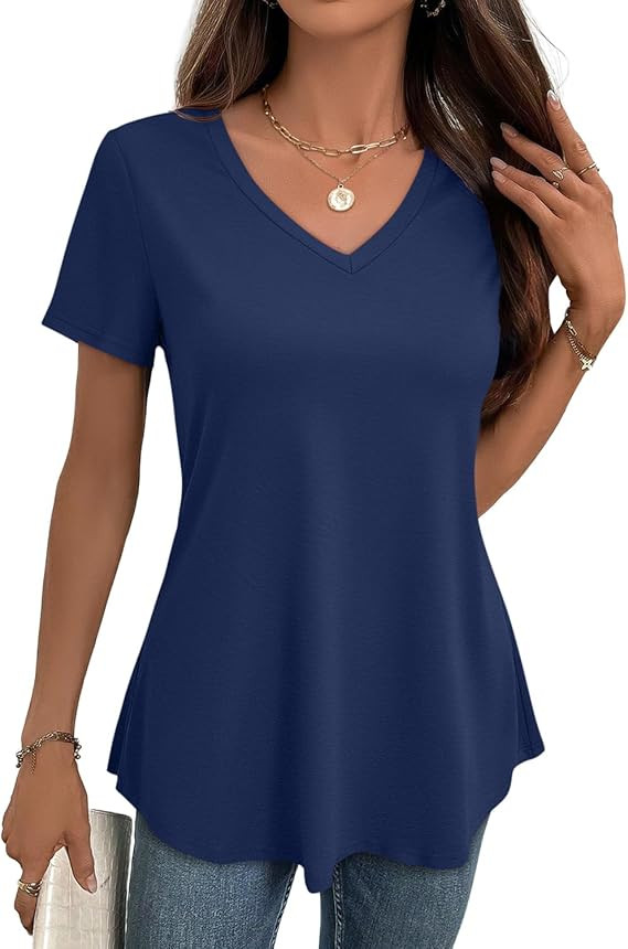 JUSTFASHIONNOW Women's Dressy V Neck Tunic Tops for Leggings | Not See Through, Short Sleeve Shir... | Amazon (US)