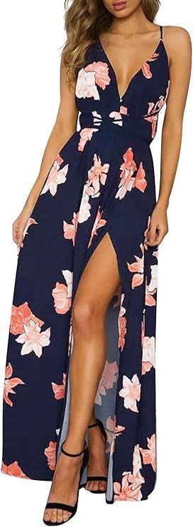 Simplee Women's Deep V Neck Backless Spaghetti Strap Floral Casual Maxi Dress | Amazon (US)
