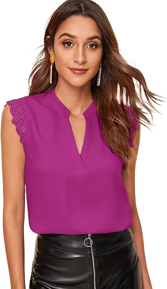 Milumia Women's Elegant Notch V Neck Sleeveless Blouse Guipure Lace Work Office Solid Top | Amazon (US)