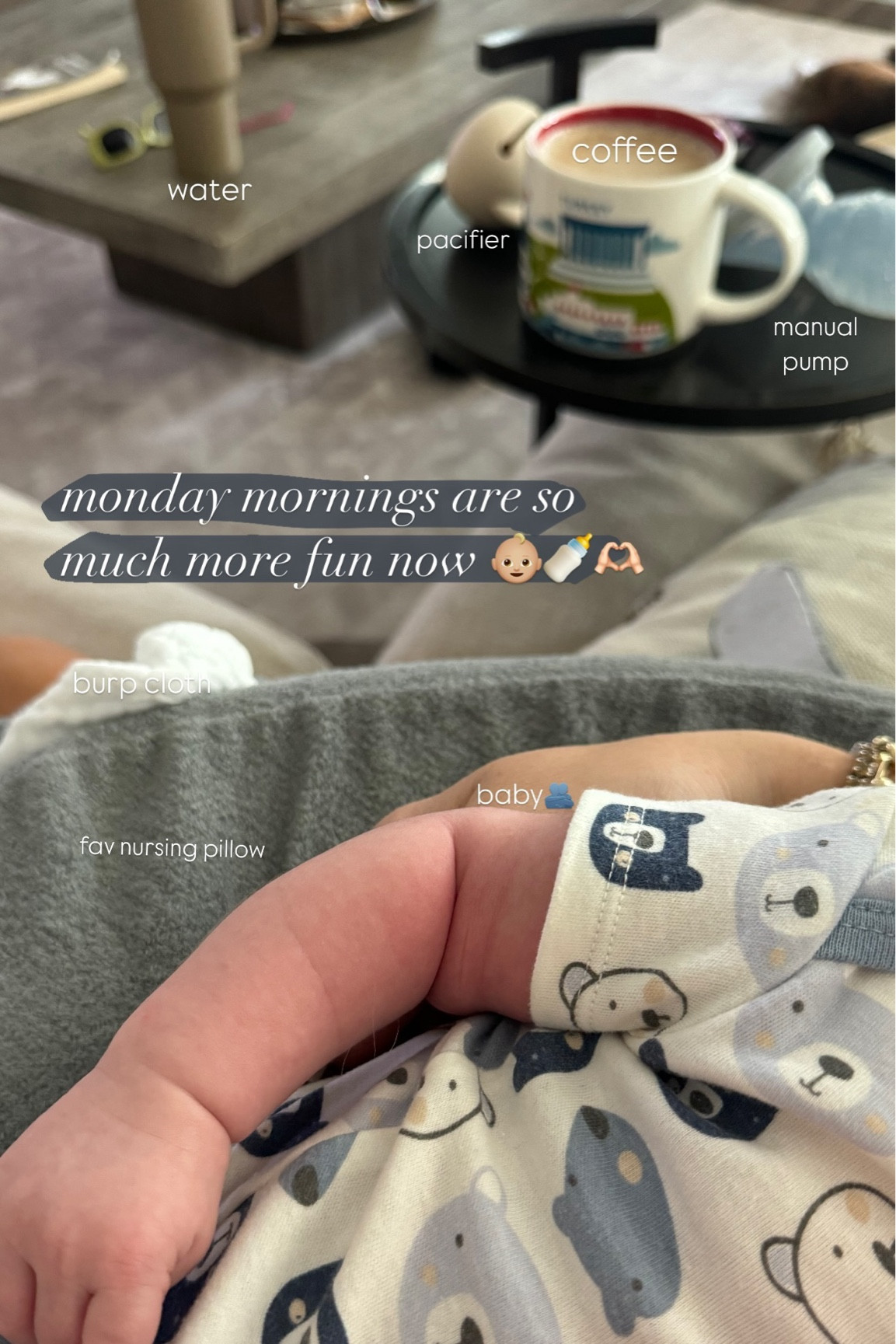 coffee + manual pump + pacifier + water + baby🫂 monday mornings are so much more fun now 👶🏼🍼🫶🏻 

#LTKBump #LTKBaby #LTKFamily