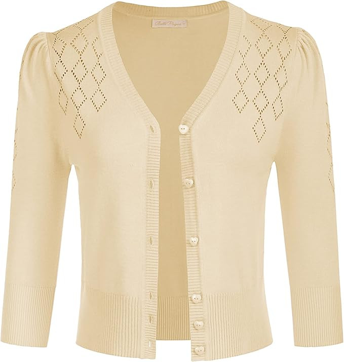 Belle Poque Women's 3/4 Sleeve Cropped Cardigan Vintage V-Neck Button Down Sweaters Open Front Bo... | Amazon (US)