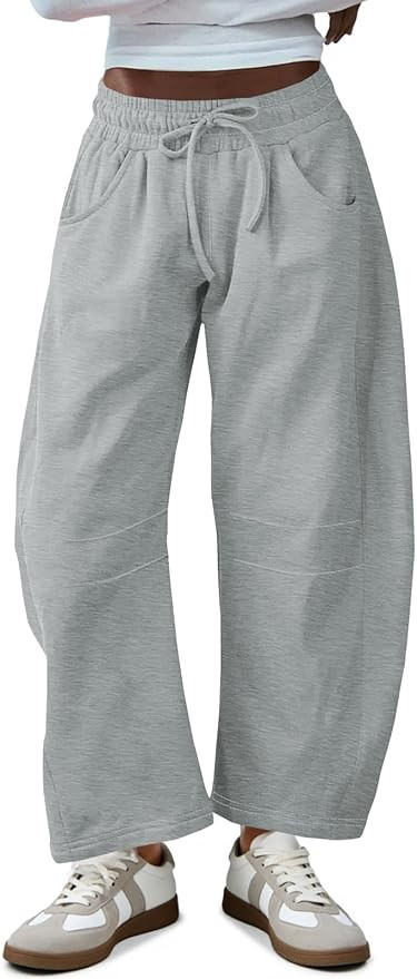 Fisoew Womens Barrel Leg Sweatpant Drawstring Elastic Waisted Wide Leg Pants Casual Active Pants ... | Amazon (US)