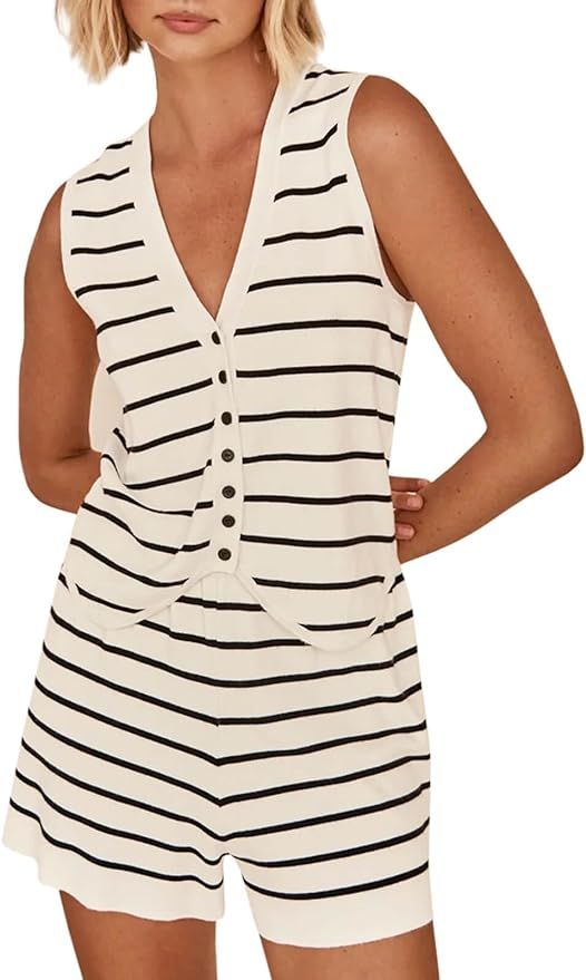 Imily Bela Womens 2 Piece Outfits Summer Striped Casual Lounge Sets Knit Sleeveless V Neck Tops S... | Amazon (US)
