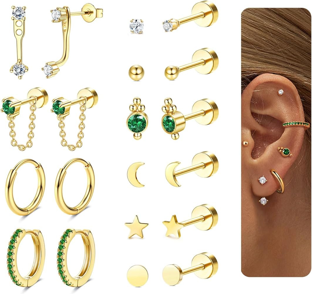 Dainty Gold Flat Back Earrings Hypoallergenic Cartilage Earring Sets for Multiple Piercing 20G Su... | Amazon (US)