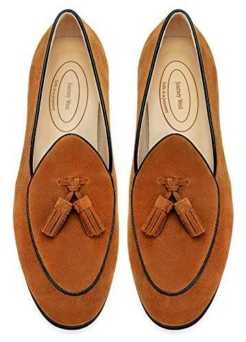 Journey West Men's Tassel Slip-on Loafer Belgian Suede Loafers Casual Leather Shoes for Men Brown US 12 | Amazon (US)