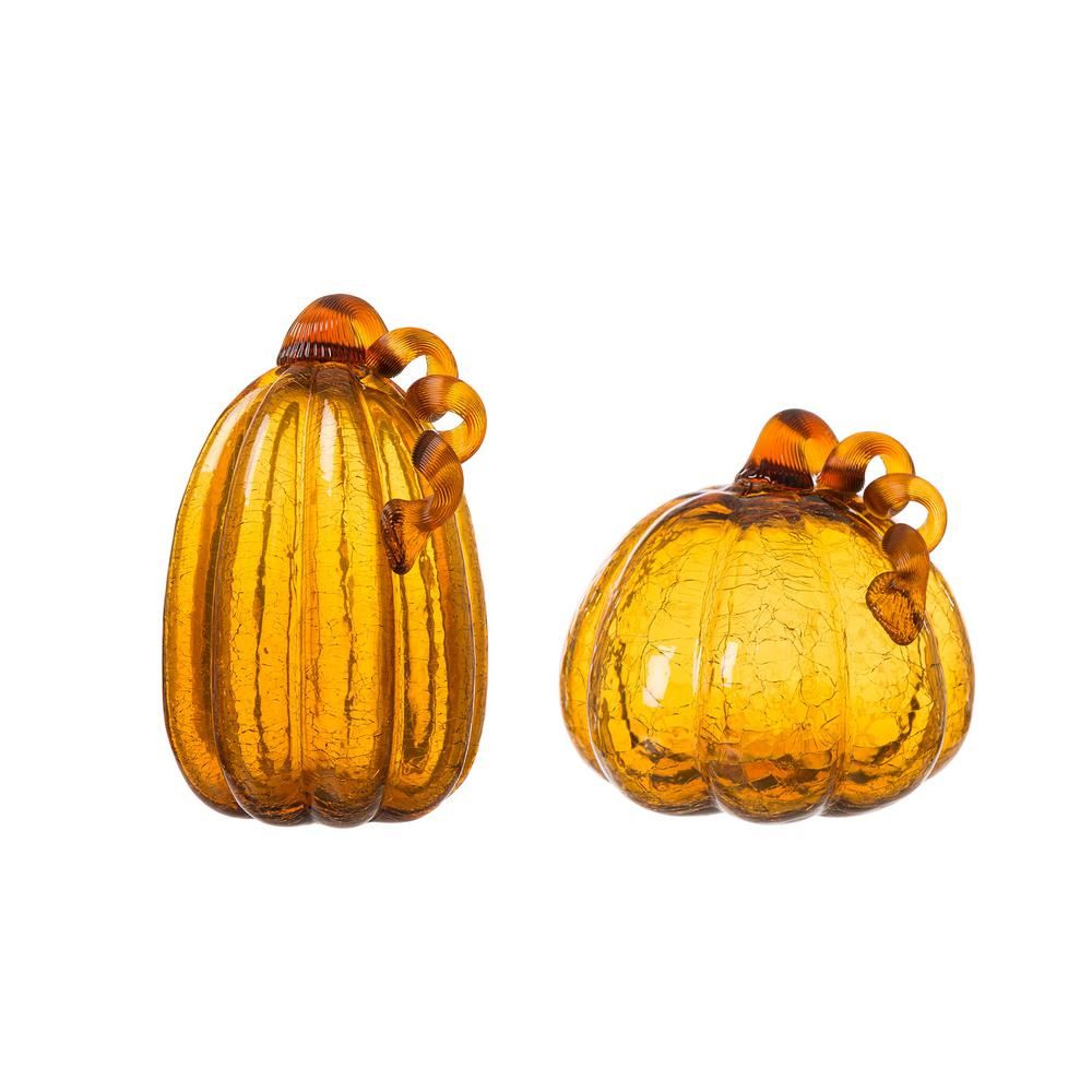 Glitzhome S/2 9.06 in. Amber Crackle Glass Pumpkin | The Home Depot