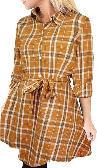 FANCYINN Women Long Sleeve Plaid Pattern Tunic Tops Shirt Casual Dress | Amazon (US)