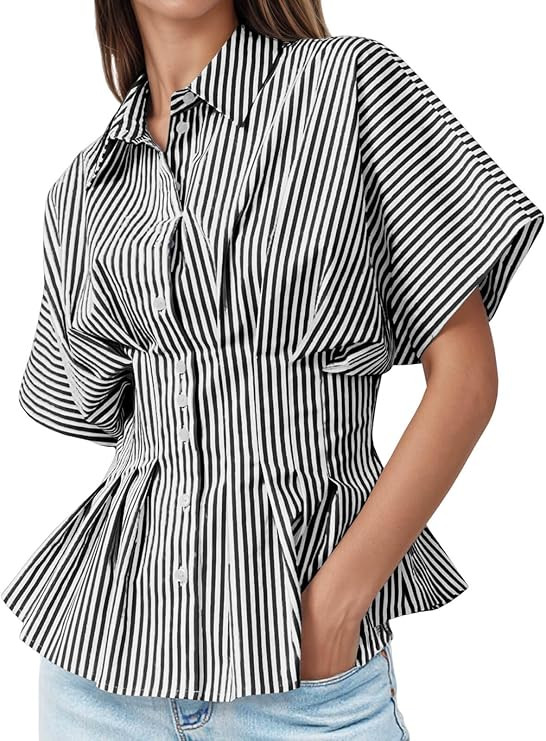 Tankaneo Womens Striped Peplum Button Down Shirts Short Sleeve Pleated Tops Summer Business Casua... | Amazon (US)