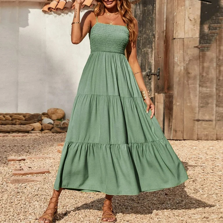 uikmnh Women Summer Maxi Dress Casual Boho Sleeveless Strap Smocked Tiered Long Beach Sun Dresses | Walmart (US)