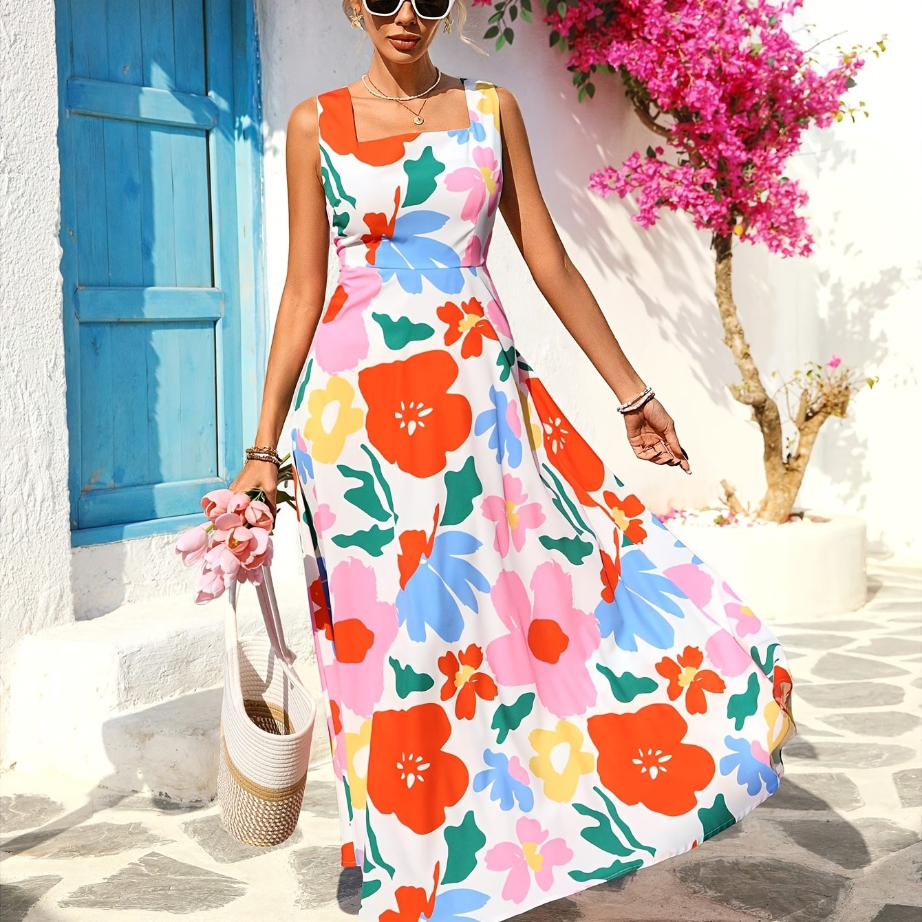 women's elegant floral print maxi dress square neckline - Temu Canada | Temu Affiliate Program