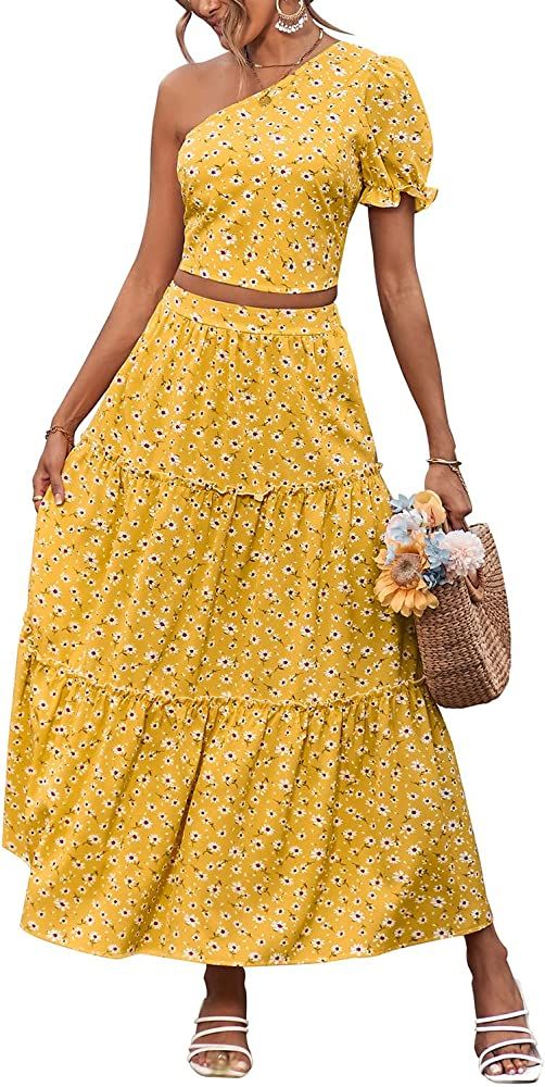 PRETTYGARDEN Women's 2 Piece Summer Outftis Casual Floral One Shoulder Crop Top High Waisted Maxi... | Amazon (US)