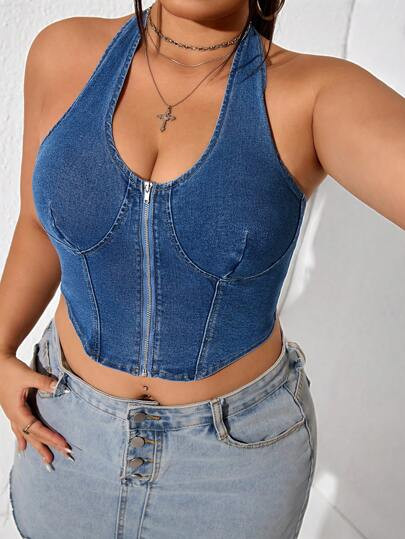 SHEIN ICON Plus Size Front Zipper Backless Halter Denim Top | SHEIN USA | SHEIN