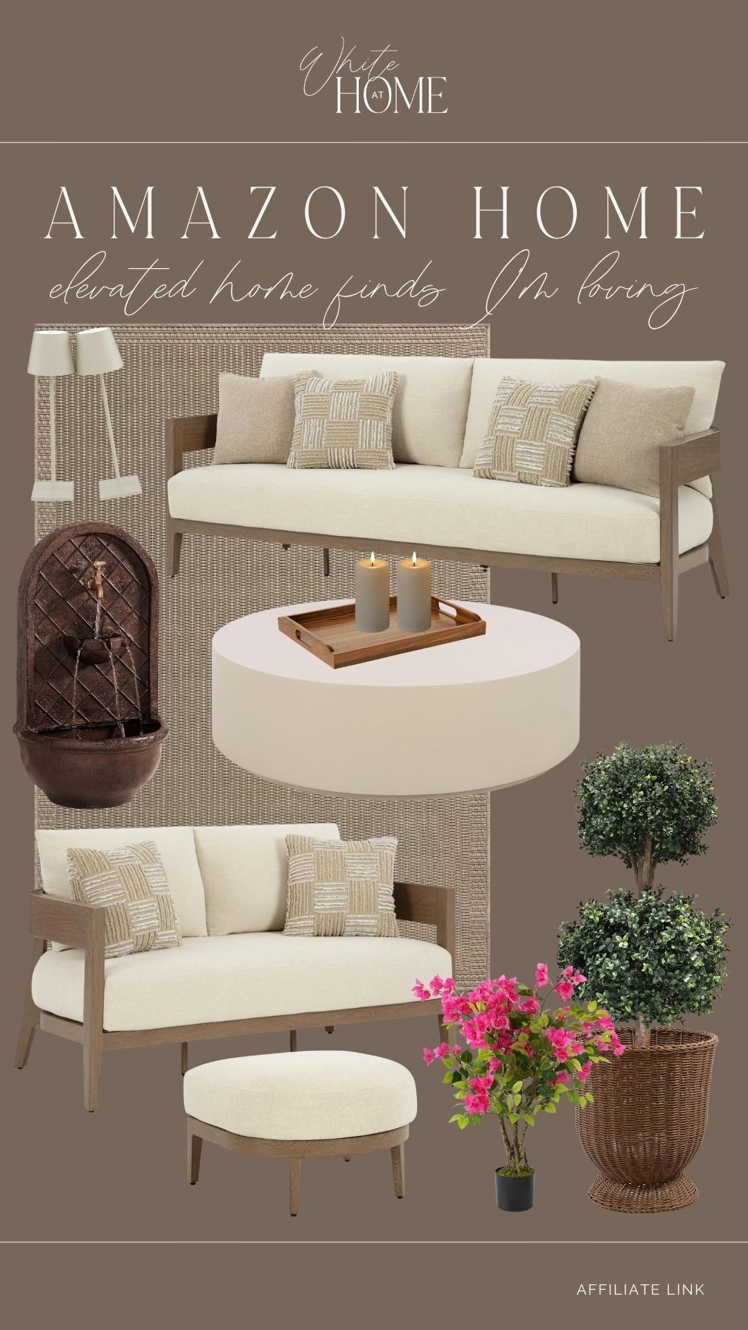 A beautiful outdoor oasis! I love this soft wood tone and this gorgeous upholstery on this Amazon set. These faux trees and plants, water feature, and textured rug elevate all of this even more!

#LTKHome #LTKSeasonal