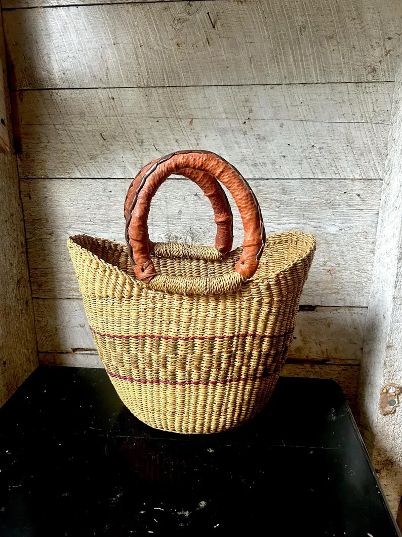 Sisal Stripe Market Bag - African - Basket - Ethnic - Boho - Jute - Wrapped Leather Handles - Far... | Etsy (US)