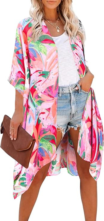 Moss Rose Women's Beach Cover up Swimsuit Kimono with Bohemian Floral Print, Loose Casual Resort ... | Amazon (US)