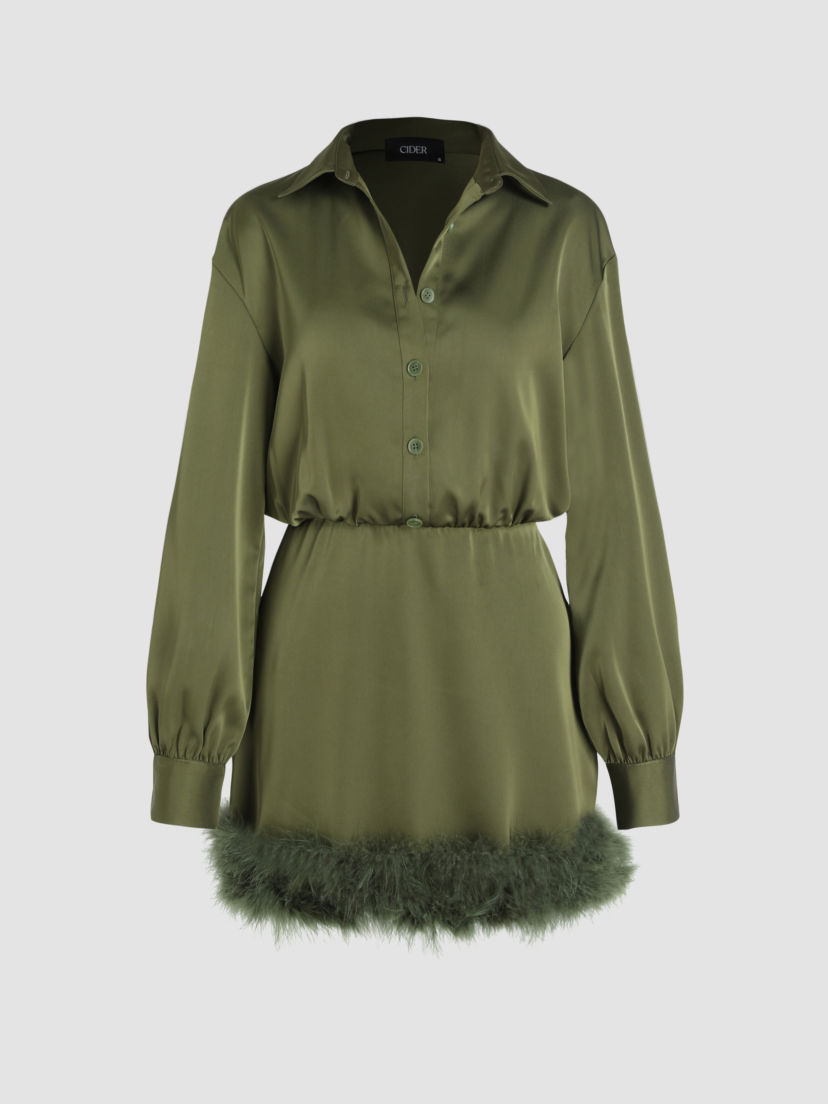 Satin Faux Feather Trim Collar Short Dress For Coffee Shop Vacation Holiday | Cider