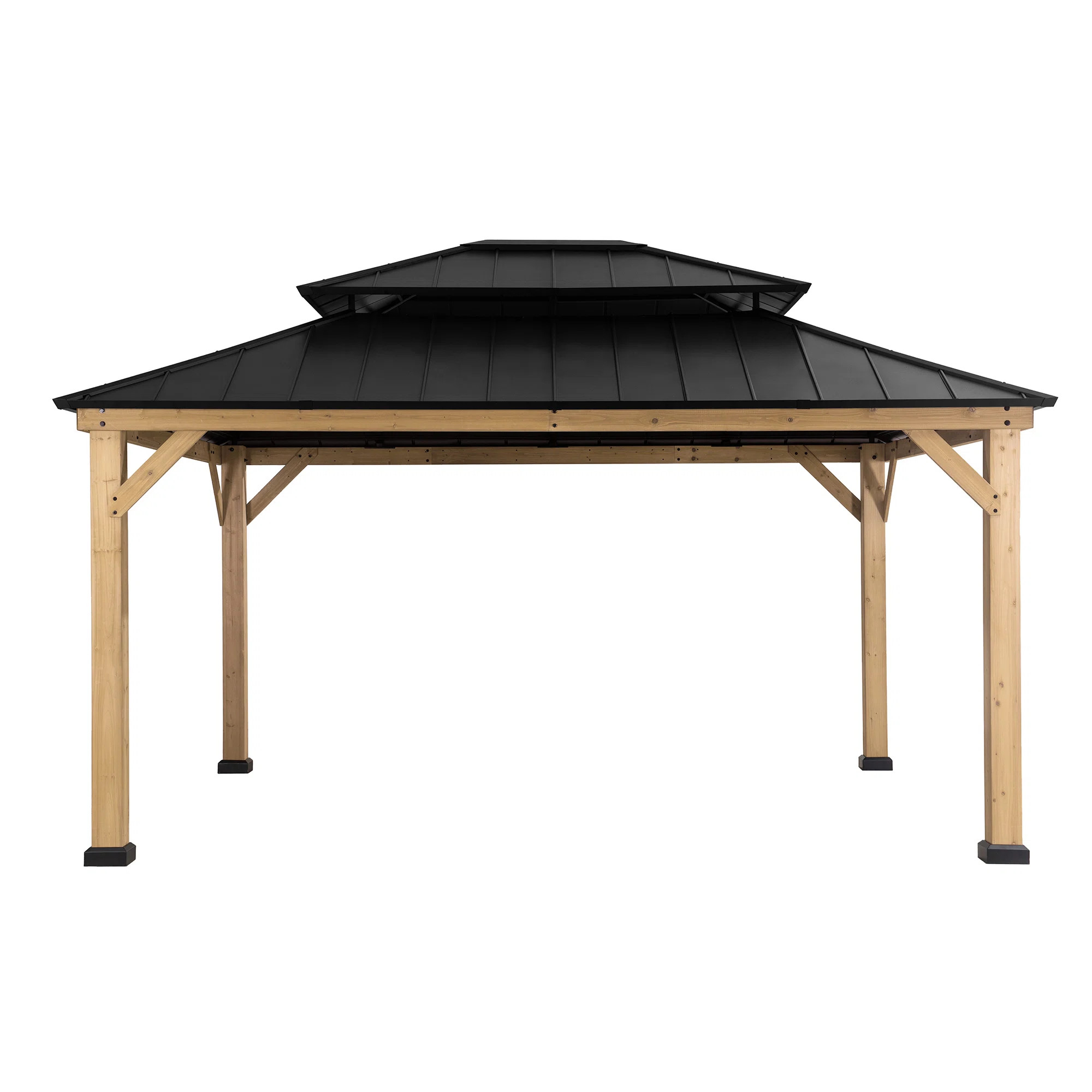 Sunjoy 13 x 15 ft. Wood Gazebo Cedar Framed Gazebos with Black Double Steel Hardtop Roof for Gard... | Wayfair North America