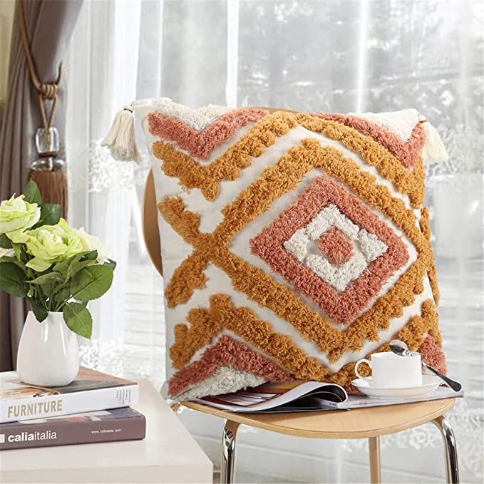 ANGELLOONG Throw Pillow Covers 18x18, Fall Orange Pillow Covers with Tassels, Woven Tufted Boho P... | Amazon (US)