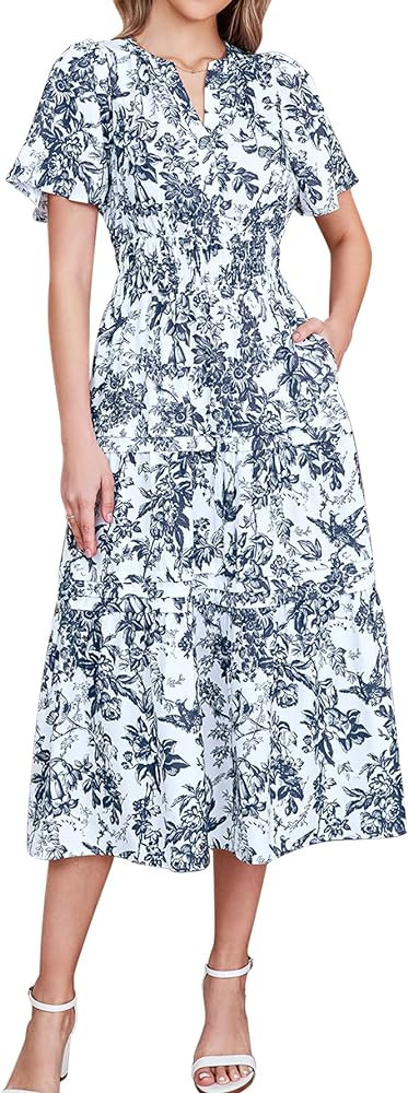 Women Summer Floral Midi Dress 2024 Casual Short Sleeve V Neck Tiered Ruffle Flowy Boho Dresses w... | Amazon (US)