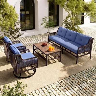 4 Pieces Patio Furniture Set With Swivel Chairs, Outdoor Sofas For 5-Person, Sectional Outdoor Conversation Set For Poolside Backyard Deck, Blue | Wayfair North America