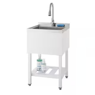 18 in. W x16 in. D Basin Freestanding Laundry/Utility Sink in Stainless Steel and White with Pull... | The Home Depot